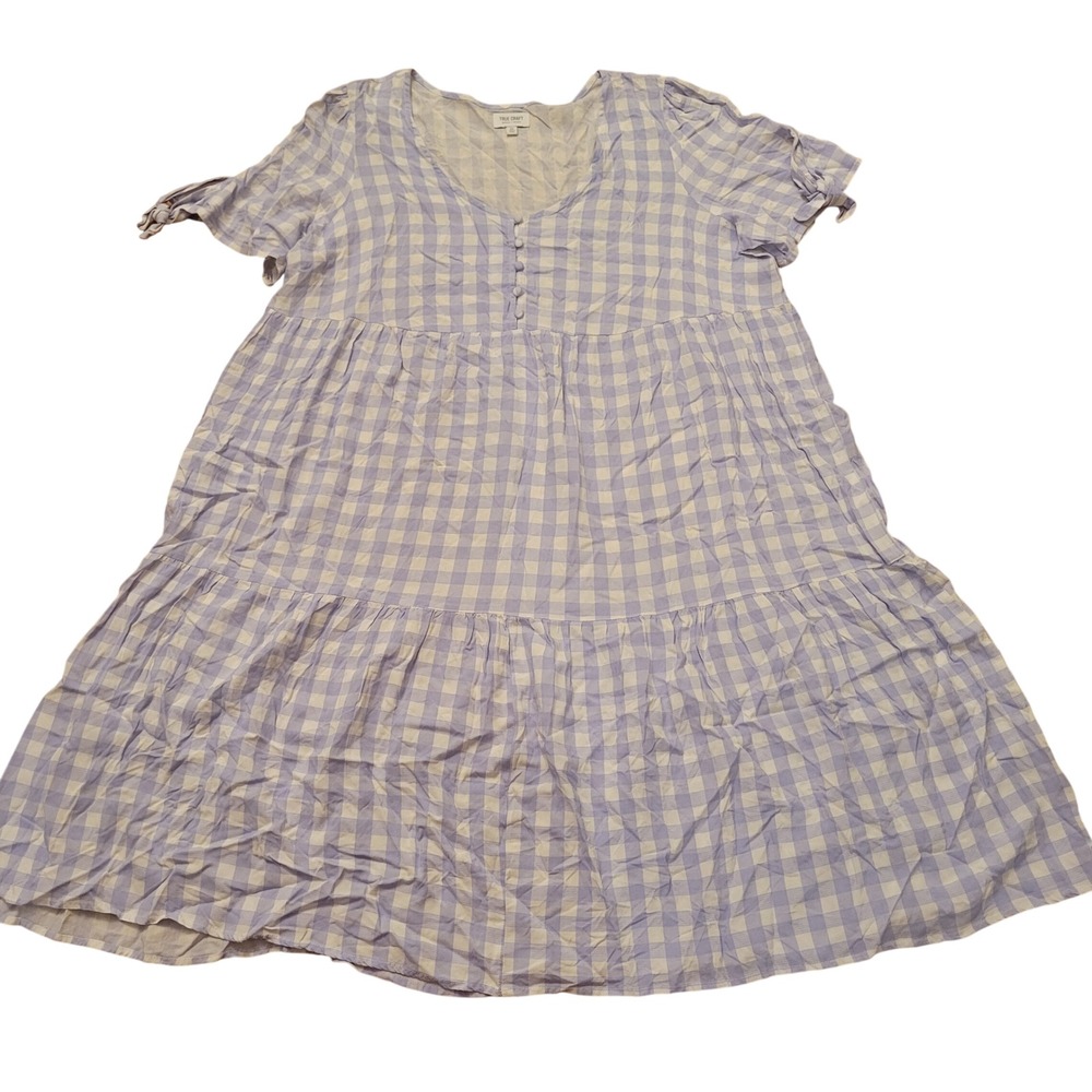True Craft 0X Babydoll Dress Blue White Gingham Tiered Tie Sleeve V Neck Summer